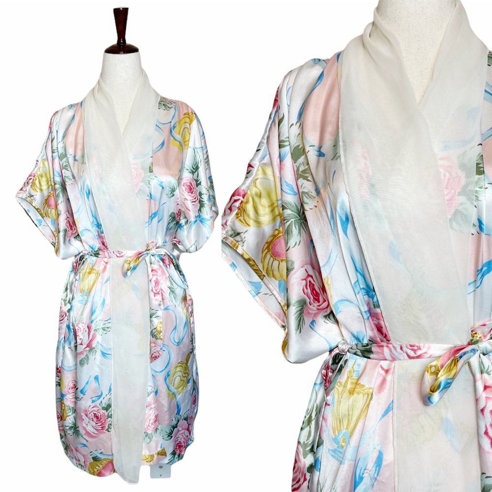 Vintage 80s Satin Floral Chiffon Trim Dressing Robe